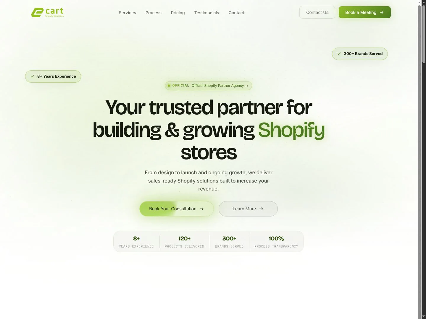eCart Solutions Shopify agency homepage with consultation actions and performance metrics